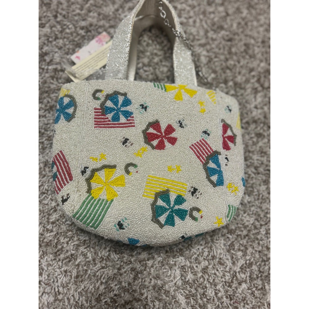 Beaded Beach Umbrella Tote Bag White Multi Color Chain Strap Handbag